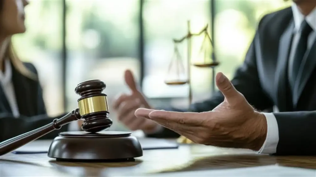 Two people discussing legal proceedings with documents and a gavel on the table.