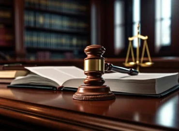 Courtroom gavel and law books representing legal proceedings.