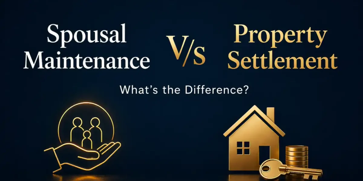 Spousal maintenance vs property settlement comparison with financial support and property asset icons on a legal-themed background.