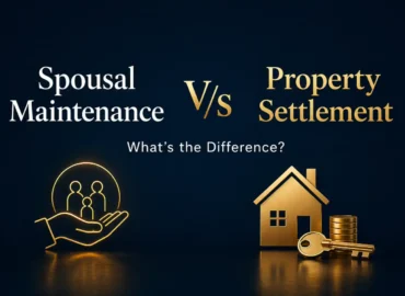 Spousal maintenance vs property settlement comparison with financial support and property asset icons on a legal-themed background.