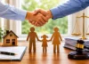 Parents agreeing on child support with legal documents and family symbols.