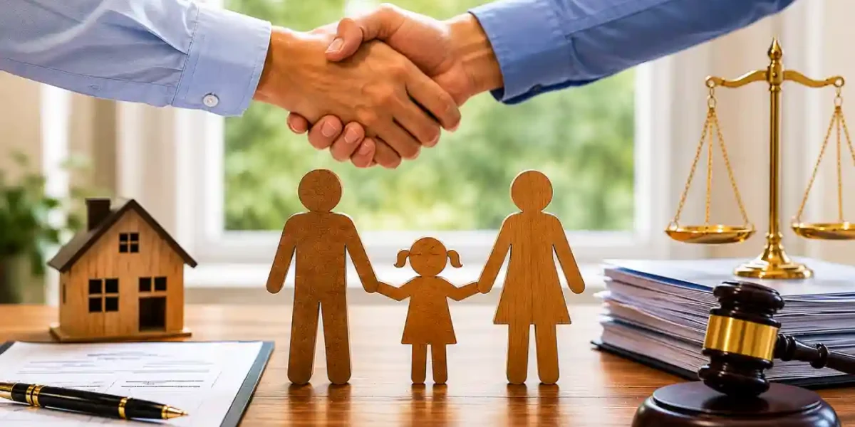 Parents agreeing on child support with legal documents and family symbols.