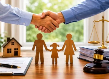 Parents agreeing on child support with legal documents and family symbols.