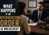 Lawyer consulting a client about breach of an intervention order in a legal office.