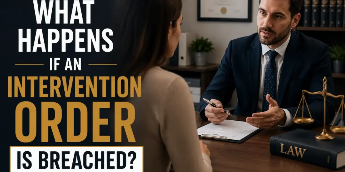 Lawyer consulting a client about breach of an intervention order in a legal office.