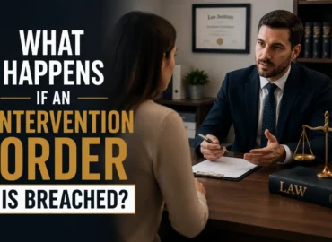 Lawyer consulting a client about breach of an intervention order in a legal office.