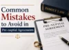 Graphic showing common pre-nuptial agreement mistakes with a family law book, prenup document, wedding rings, and pen.