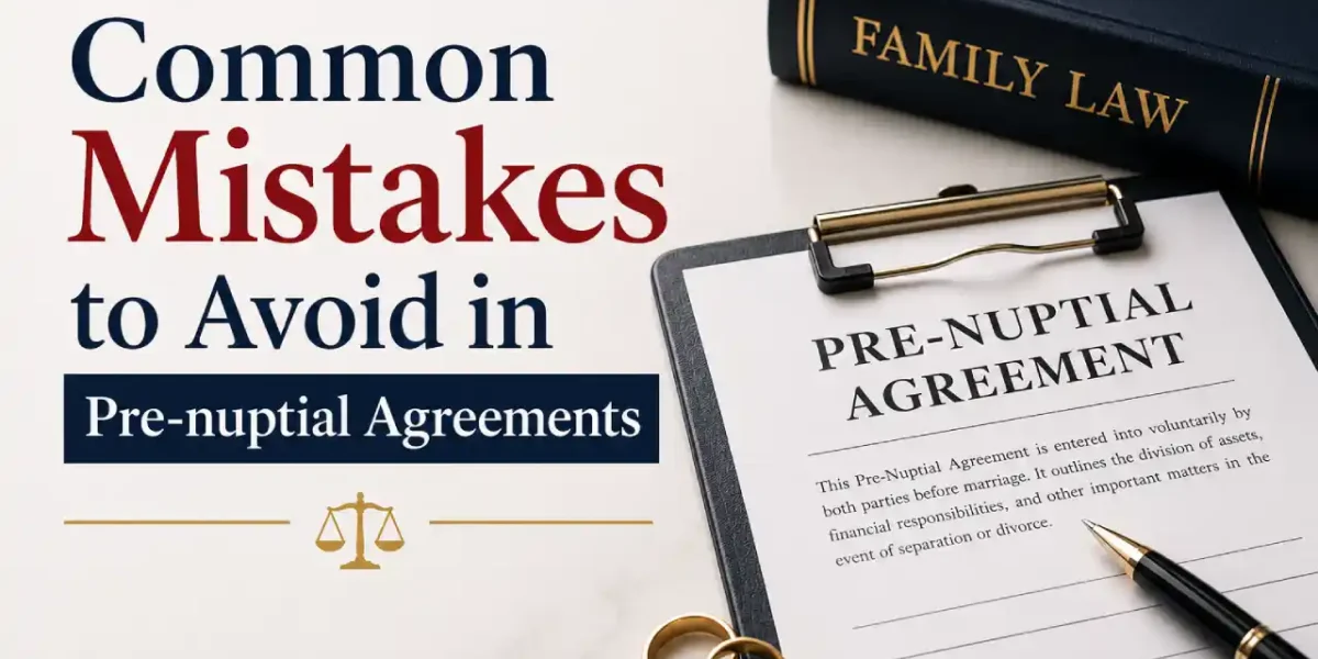 Graphic showing common pre-nuptial agreement mistakes with a family law book, prenup document, wedding rings, and pen.