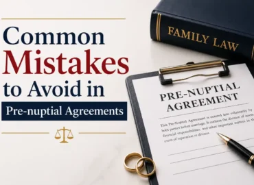 Graphic showing common pre-nuptial agreement mistakes with a family law book, prenup document, wedding rings, and pen.