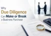 Business purchase agreement with magnifying glass and handshake in a professional office.