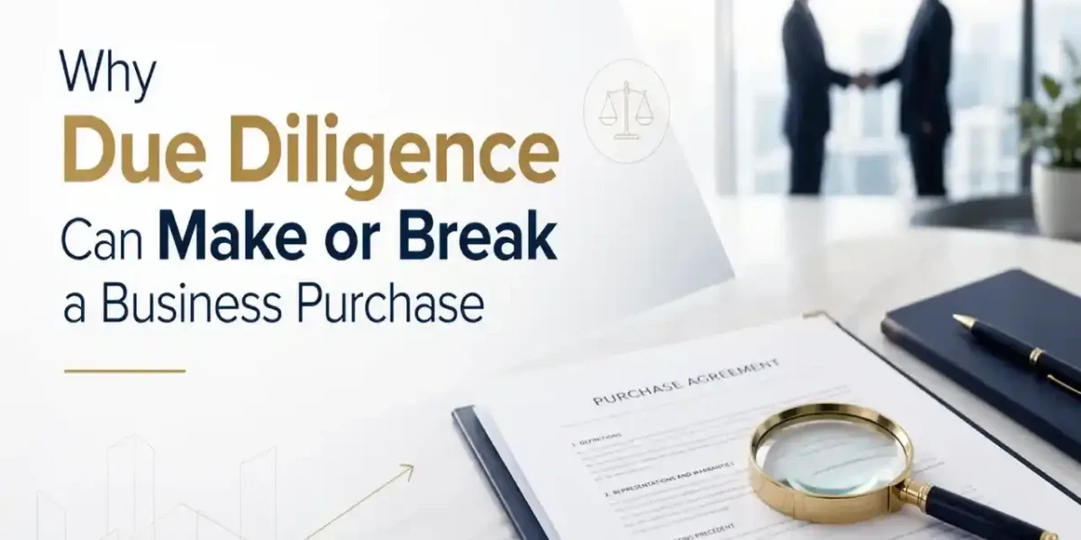 Business purchase agreement with magnifying glass and handshake in a professional office.