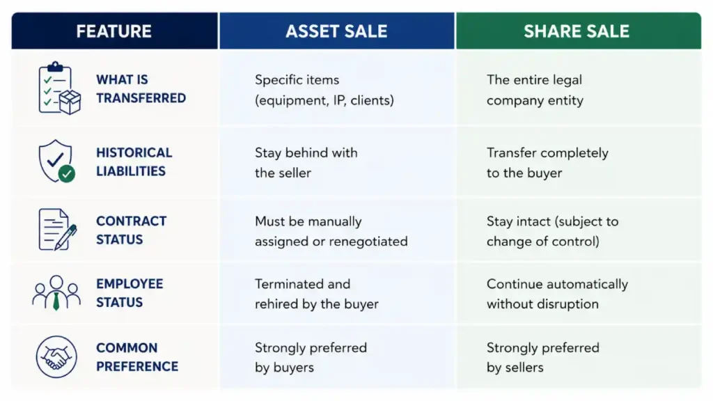 Asset sale vs share sale comparison infographic for businesses.