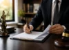Lawyer reviewing and signing legal documents in a professional office setting.