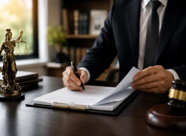Lawyer reviewing and signing legal documents in a professional office setting.