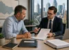 Business owner discussing a business sale agreement with a lawyer in Victoria.