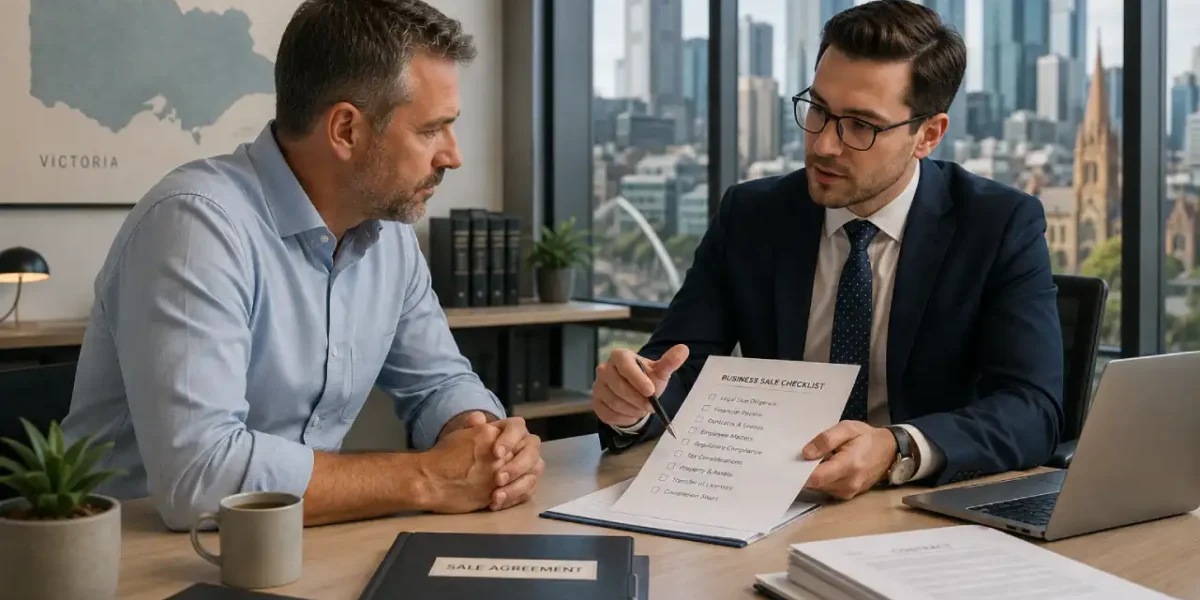 Business owner discussing a business sale agreement with a lawyer in Victoria.