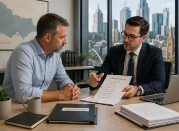 Business owner discussing a business sale agreement with a lawyer in Victoria.