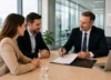 Business lawyer reviewing a commercial contract with clients.