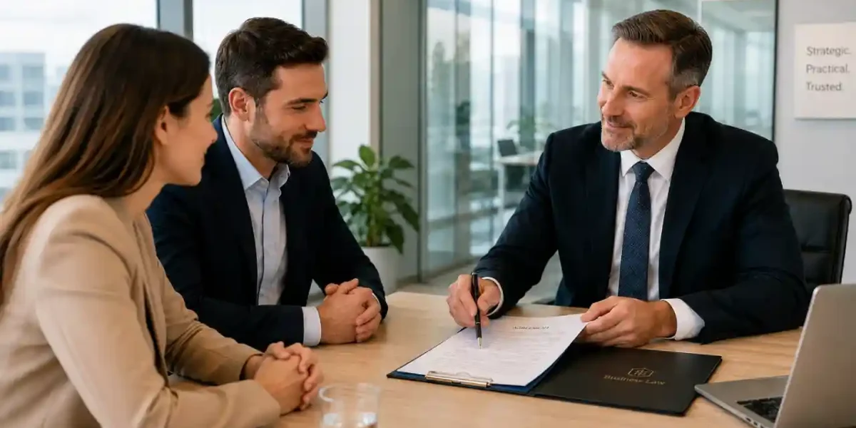 Business lawyer reviewing a commercial contract with clients.