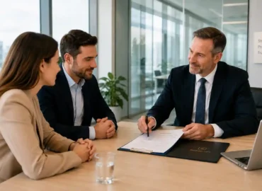 Business lawyer reviewing a commercial contract with clients.