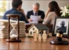 Hourglass, family figures and legal gavel representing delays in estate distribution.