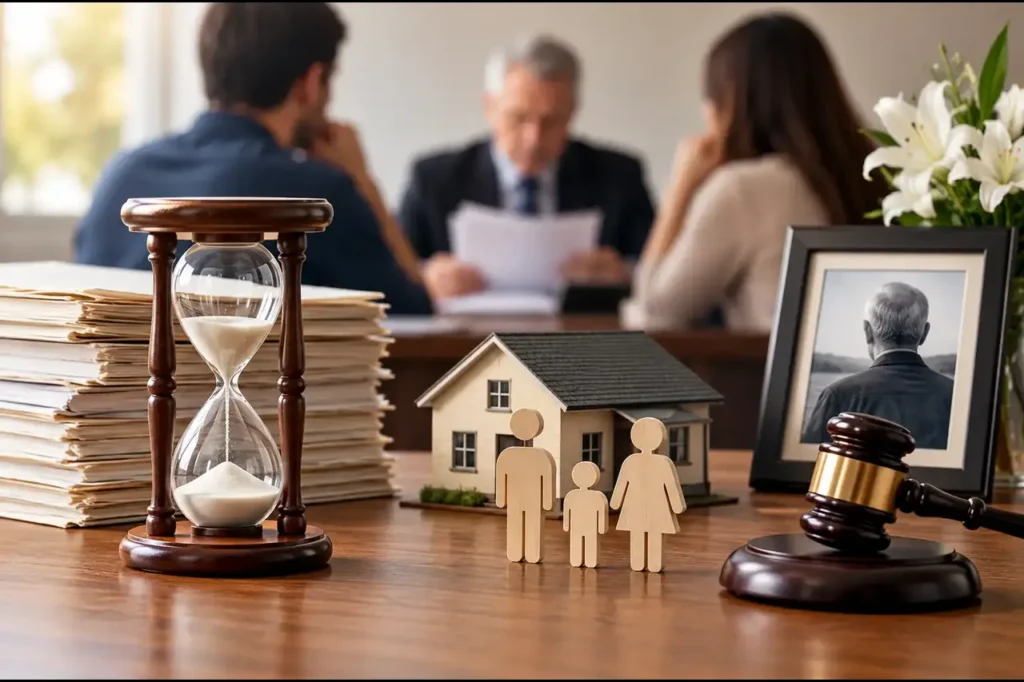 Hourglass, family figures and legal gavel representing delays in estate distribution.
