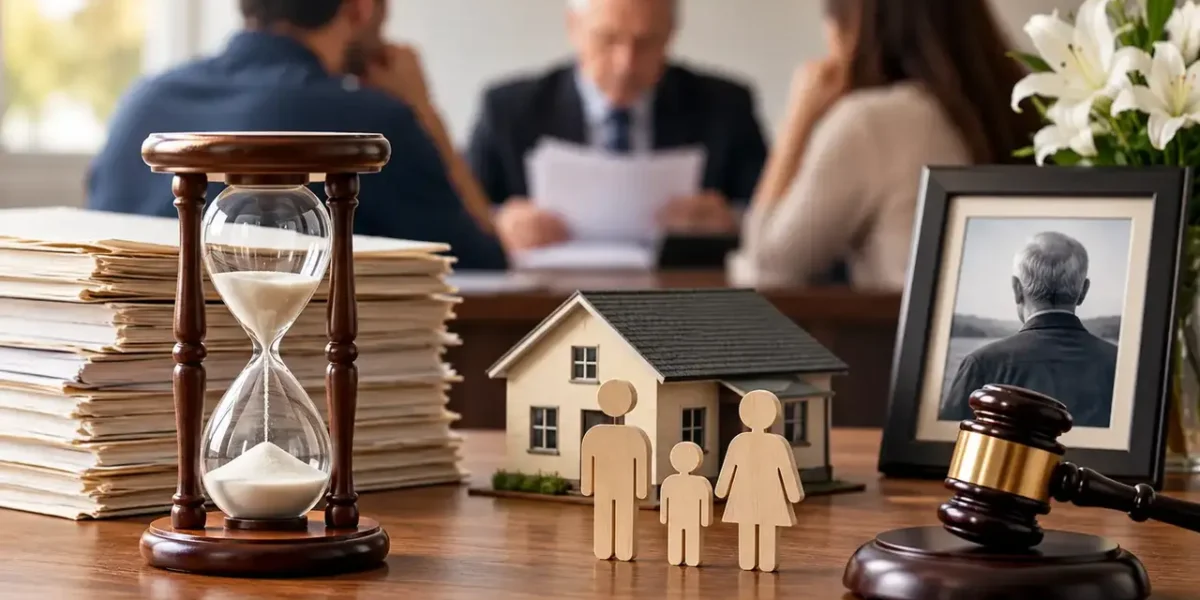 Hourglass, family figures and legal gavel representing delays in estate distribution.