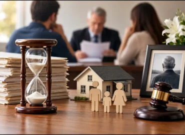 Hourglass, family figures and legal gavel representing delays in estate distribution.