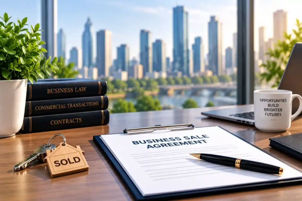 Business sale agreement and sold business keys on an office desk.