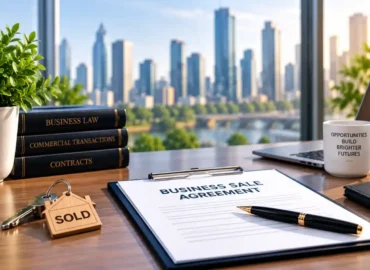 Business sale agreement and sold business keys on an office desk.
