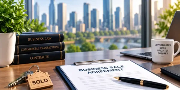 Business sale agreement and sold business keys on an office desk.