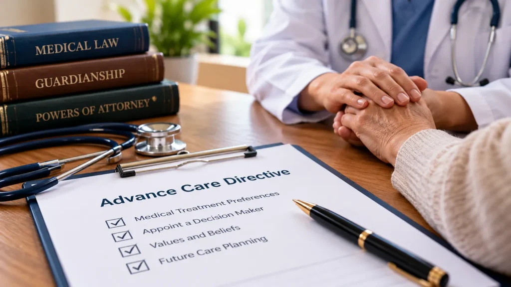 Doctor discussing advance care planning and medical decision-making with an older patient.