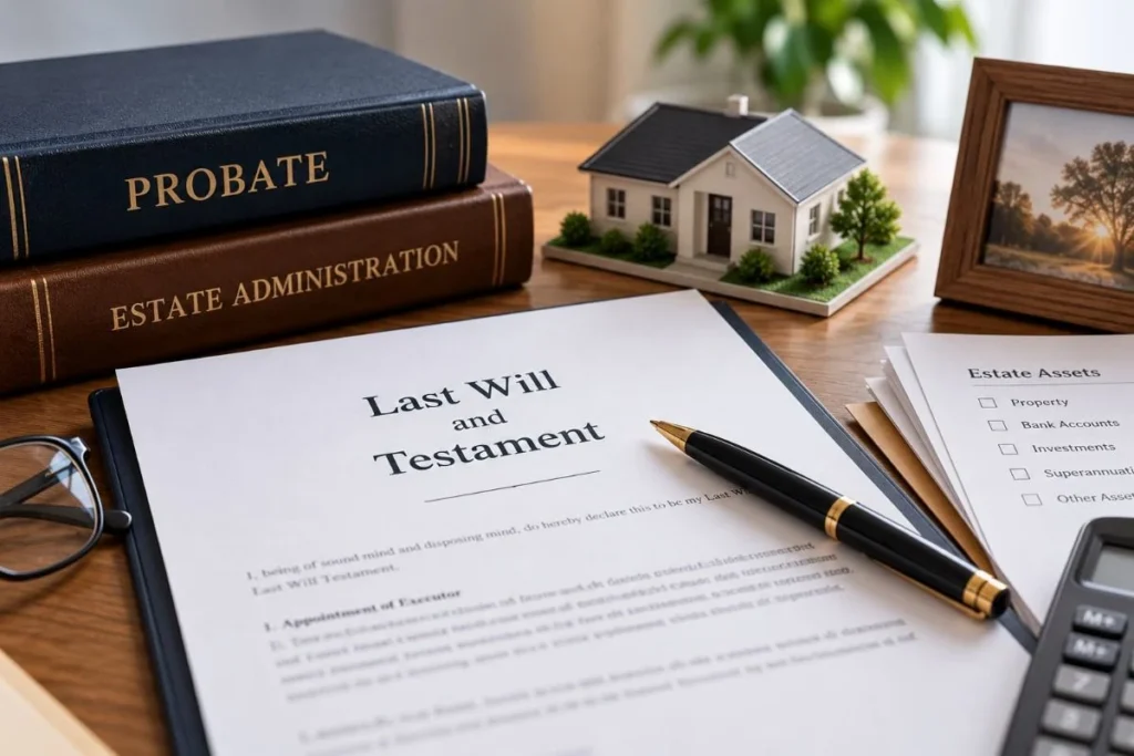 Last will and testament with estate planning documents, a model house, and probate law books.