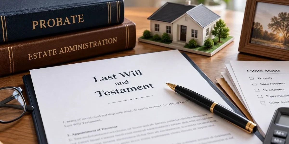 Last will and testament with estate planning documents, a model house, and probate law books.
