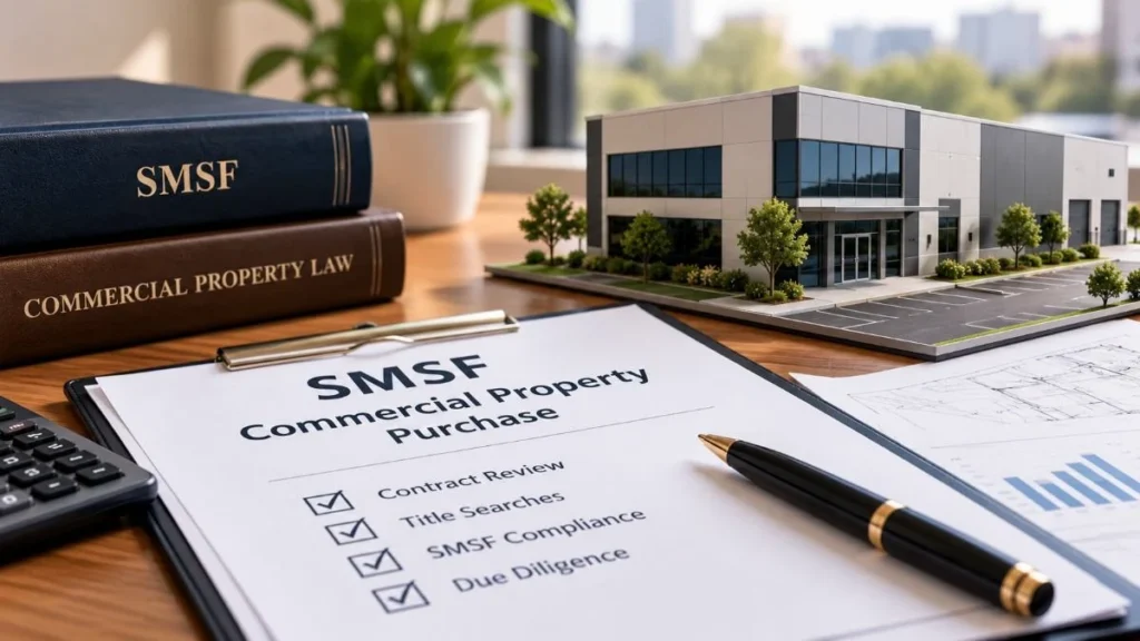 SMSF commercial property purchase checklist with contract review, compliance checks and building model.