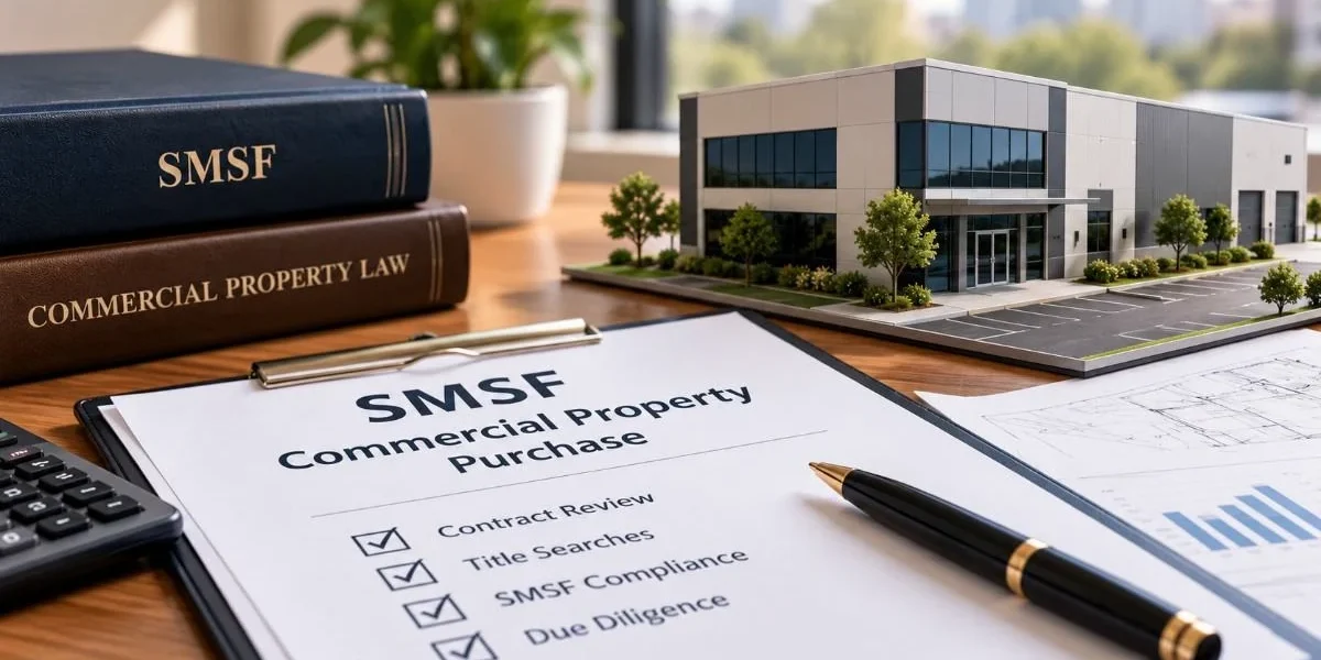 SMSF commercial property purchase checklist with contract review, compliance checks and building model.