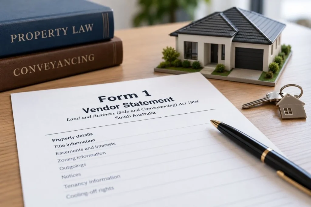 Form 1 Vendor Statement with house model, keys and property law documents in South Australia.