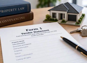 Form 1 Vendor Statement with house model, keys and property law documents in South Australia.