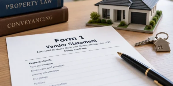Form 1 Vendor Statement with house model, keys and property law documents in South Australia.
